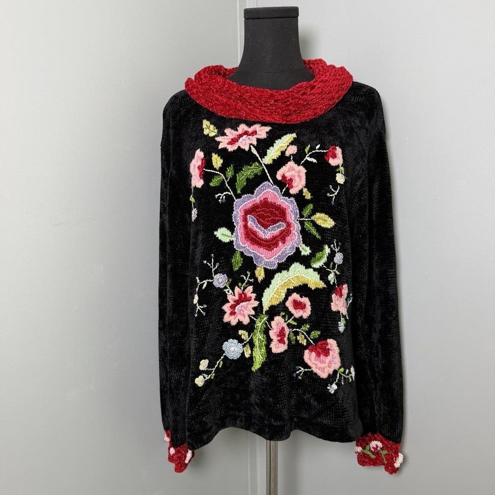 Vtg Sweater Sweater L Chenille Floral Embroidered Cowl Neck Boho Chic Romantic